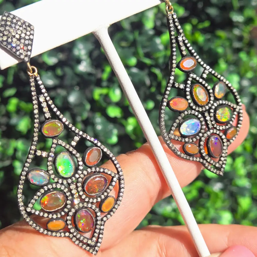 ?SUndown Sparkles’ 3’’ Earrings - Opal Diamond Black Sterling 18k Accents
