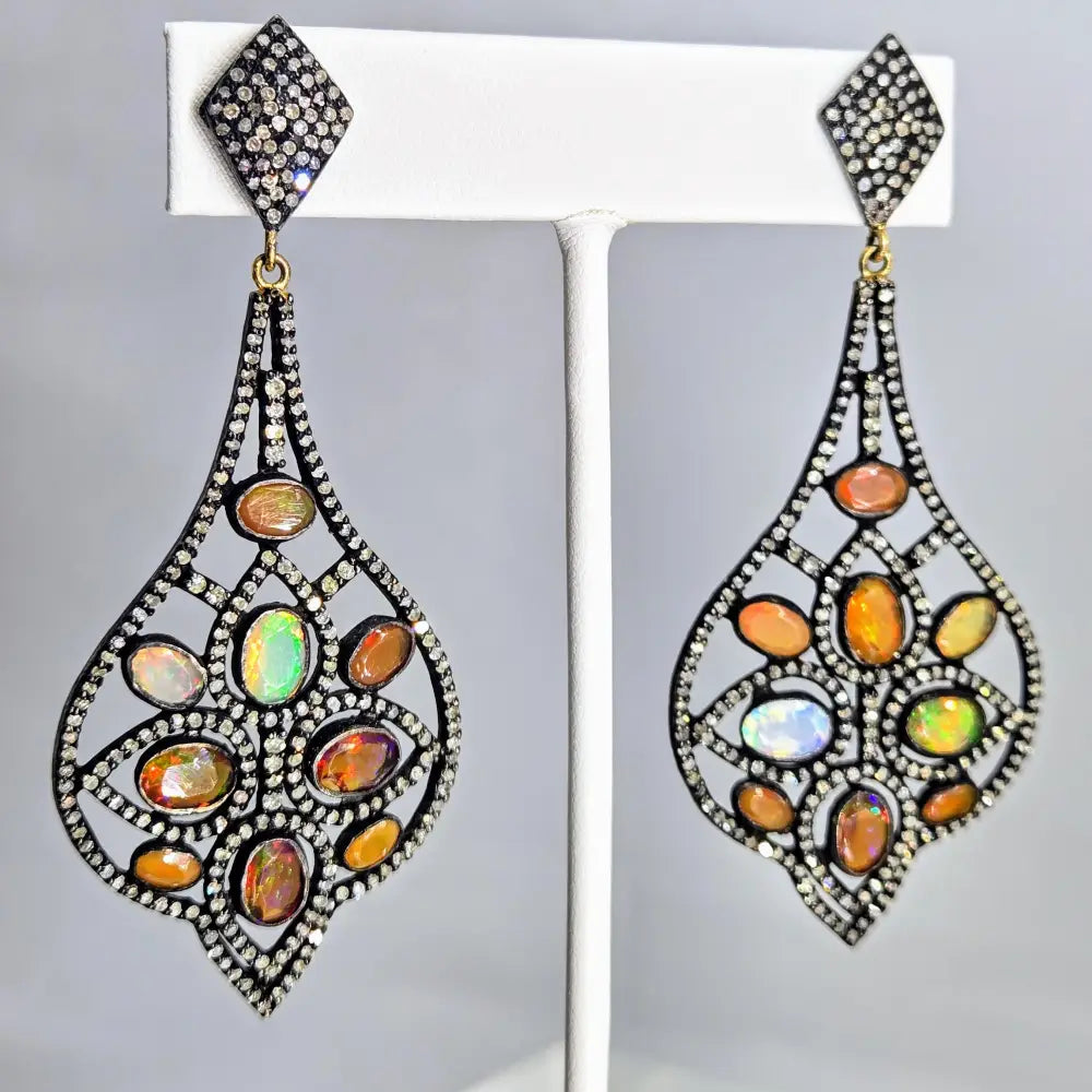 ?SUndown Sparkles’ 3’’ Earrings - Opal Diamond Black Sterling 18k Accents