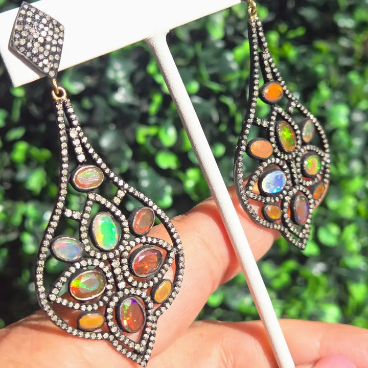 ?SUndown Sparkles’ 3’’ Earrings - Opal Diamond Black Sterling 18k Accents