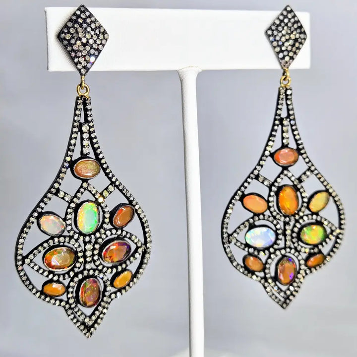?SUndown Sparkles’ 3’’ Earrings - Opal Diamond Black Sterling 18k Accents