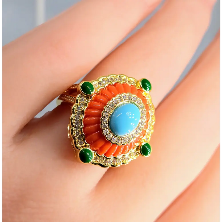 ?SUnny Delight’ Sz 6 Ring - Turquoise Zircon 18k Gold-plated Brass