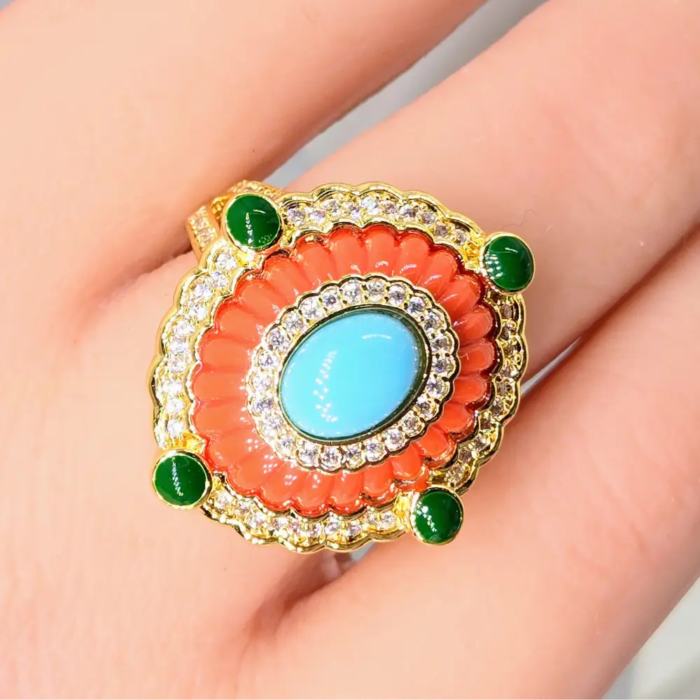 ?SUnny Delight’ Sz 6 Ring - Turquoise Zircon 18k Gold-plated Brass