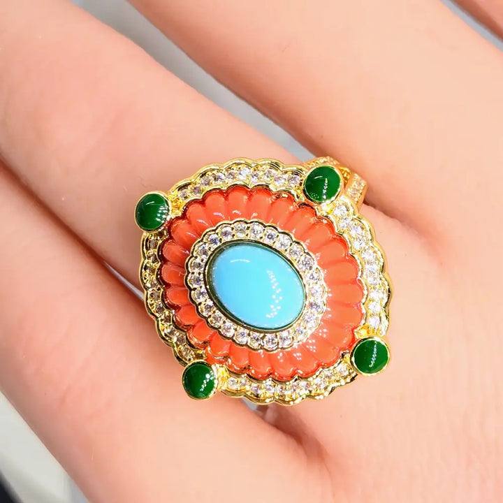 ?SUnny Delight’ Sz 6 Ring - Turquoise Zircon 18k Gold-plated Brass