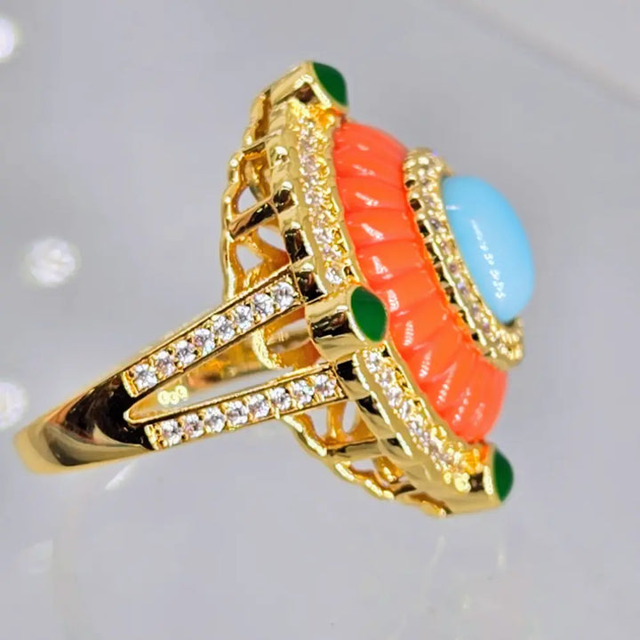 ?SUnny Delight’ Sz 6 Ring - Turquoise Zircon 18k Gold-plated Brass