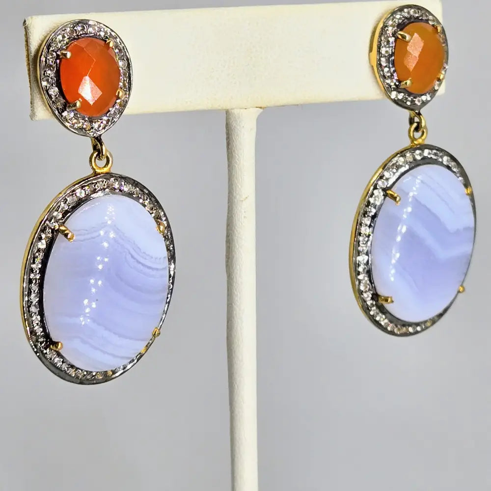 ?SUnsets & Blue Bells’ 2’’ Earrings - Agate Carnelian Topaz Black Sterling 18k Gold