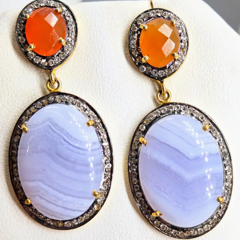 ?SUnsets & Blue Bells’ 2’’ Earrings - Agate Carnelian Topaz Black Sterling 18k Gold