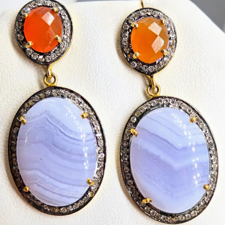 ?SUnsets & Blue Bells’ 2’’ Earrings - Agate Carnelian Topaz Black Sterling 18k Gold