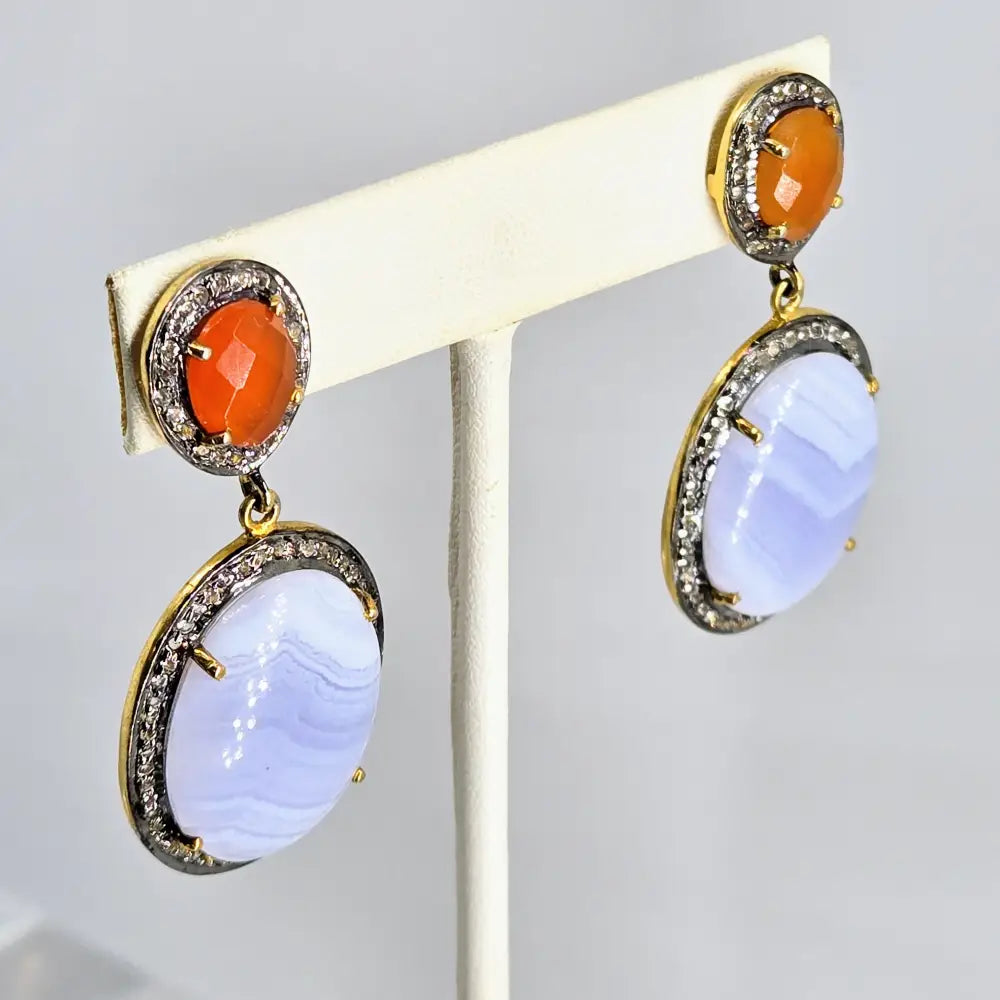 ?SUnsets & Blue Bells’ 2’’ Earrings - Agate Carnelian Topaz Black Sterling 18k Gold