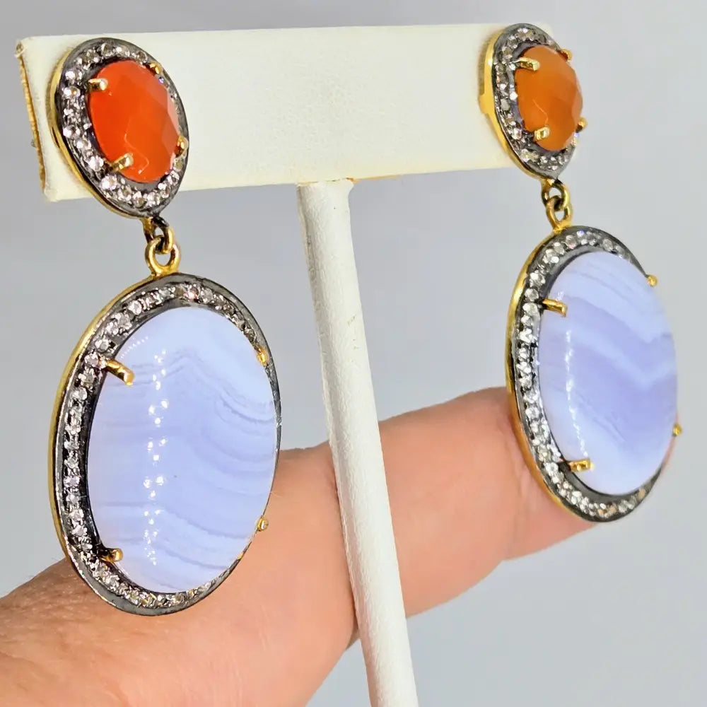 ?SUnsets & Blue Bells’ 2’’ Earrings - Agate Carnelian Topaz Black Sterling 18k Gold