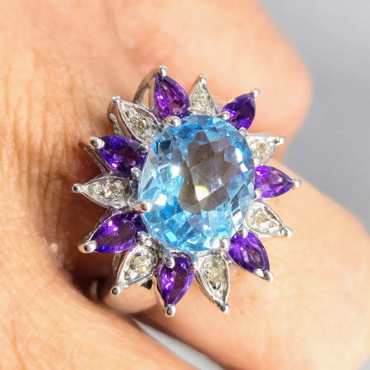?SUper Bloom’ Sz 7.25 Ring - Caribbean Blue Topaz Amethyst Diamonds Sterling - Key West Local Luxe