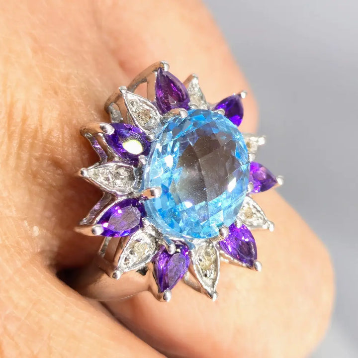 ?SUper Bloom’ Sz 7.25 Ring - Caribbean Blue Topaz Amethyst Diamonds Sterling - Key West Local Luxe
