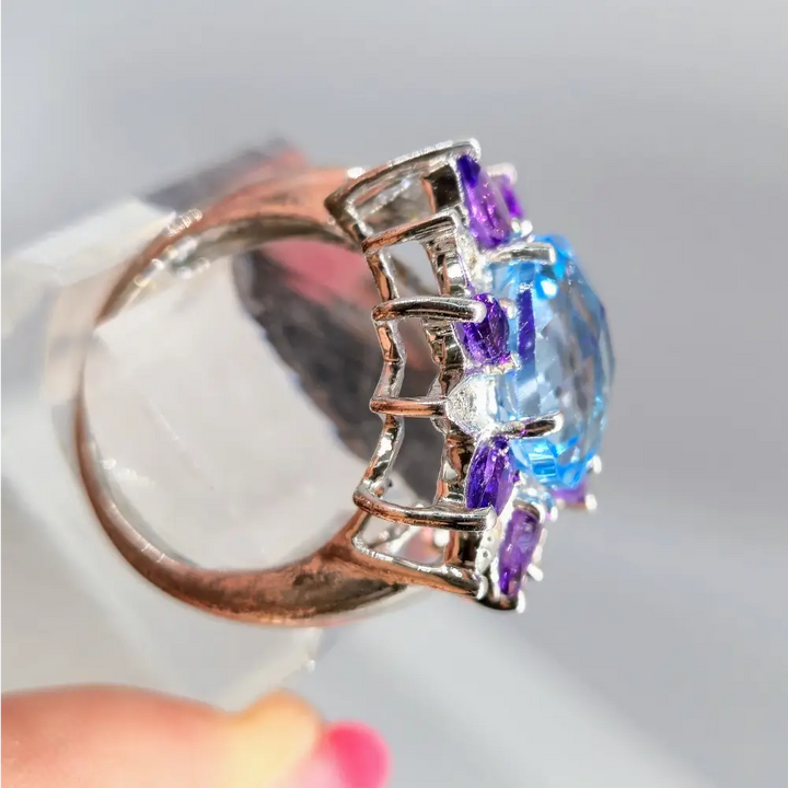 ?SUper Bloom’ Sz 7.25 Ring - Caribbean Blue Topaz Amethyst Diamonds Sterling - Key West Local Luxe