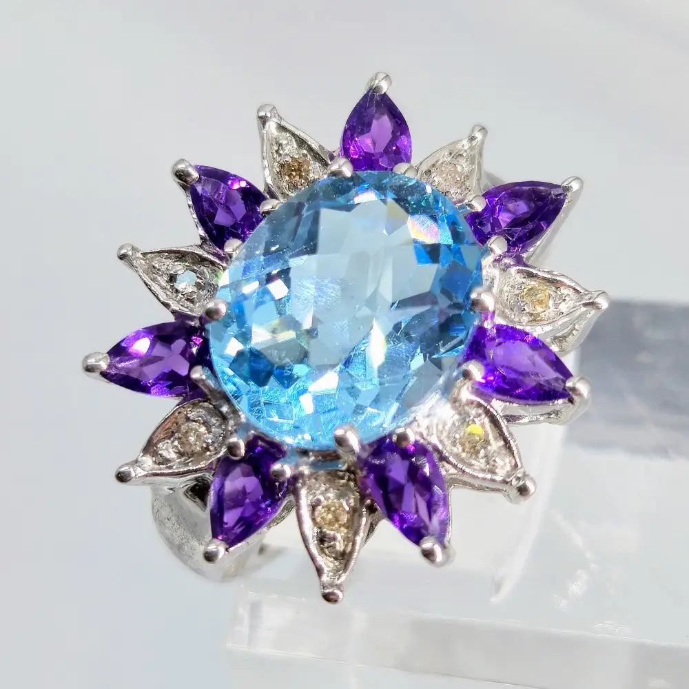 ?SUper Bloom’ Sz 7.25 Ring - Caribbean Blue Topaz Amethyst Diamonds Sterling - Key West Local Luxe