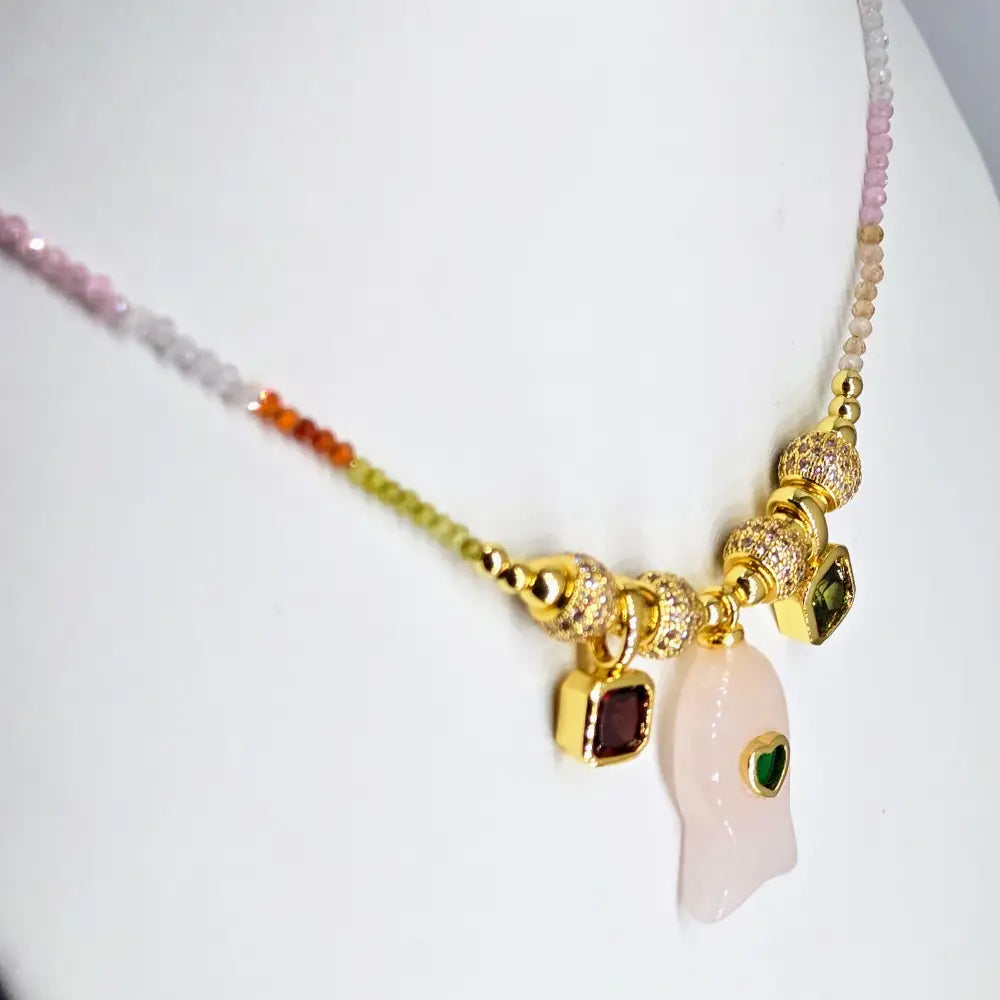?SUper-fish-all-beauty!’ 16’’-18’’ Necklace - Crystals Garnet Peridot Rose Quartz Gold Pvd