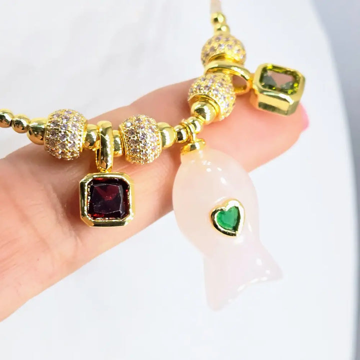 ?SUper-fish-all-beauty!’ 16’’-18’’ Necklace - Crystals Garnet Peridot Rose Quartz Gold Pvd