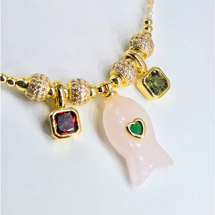 ?SUper-fish-all-beauty!’ 16’’-18’’ Necklace - Crystals Garnet Peridot Rose Quartz Gold Pvd