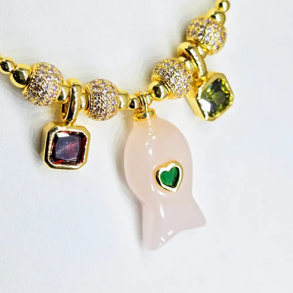?SUper-fish-all-beauty!’ 16’’-18’’ Necklace - Crystals Garnet Peridot Rose Quartz Gold Pvd