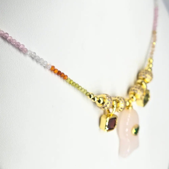 ?SUper-fish-all-beauty!’ 16’’-18’’ Necklace - Crystals Garnet Peridot Rose Quartz Gold Pvd
