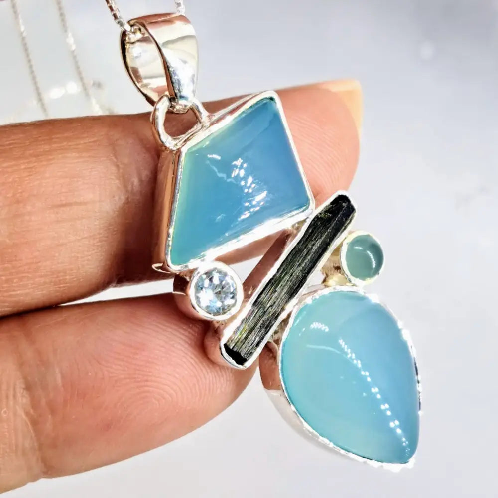 Outlet: ?Sweet Ocean’ 2’’ Pendant 20’’ Necklace - Chalcedony Tourmaline Topaz Sterling
