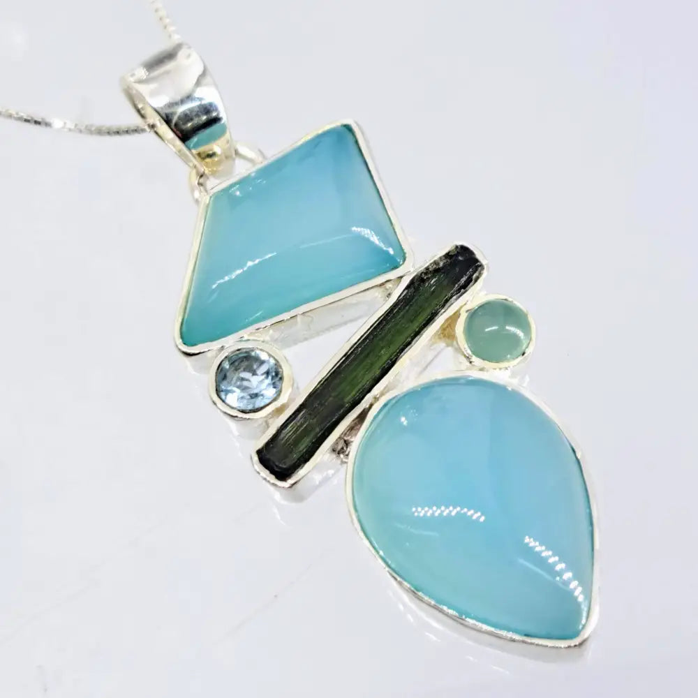 Outlet: ?Sweet Ocean’ 2’’ Pendant 20’’ Necklace - Chalcedony Tourmaline Topaz Sterling