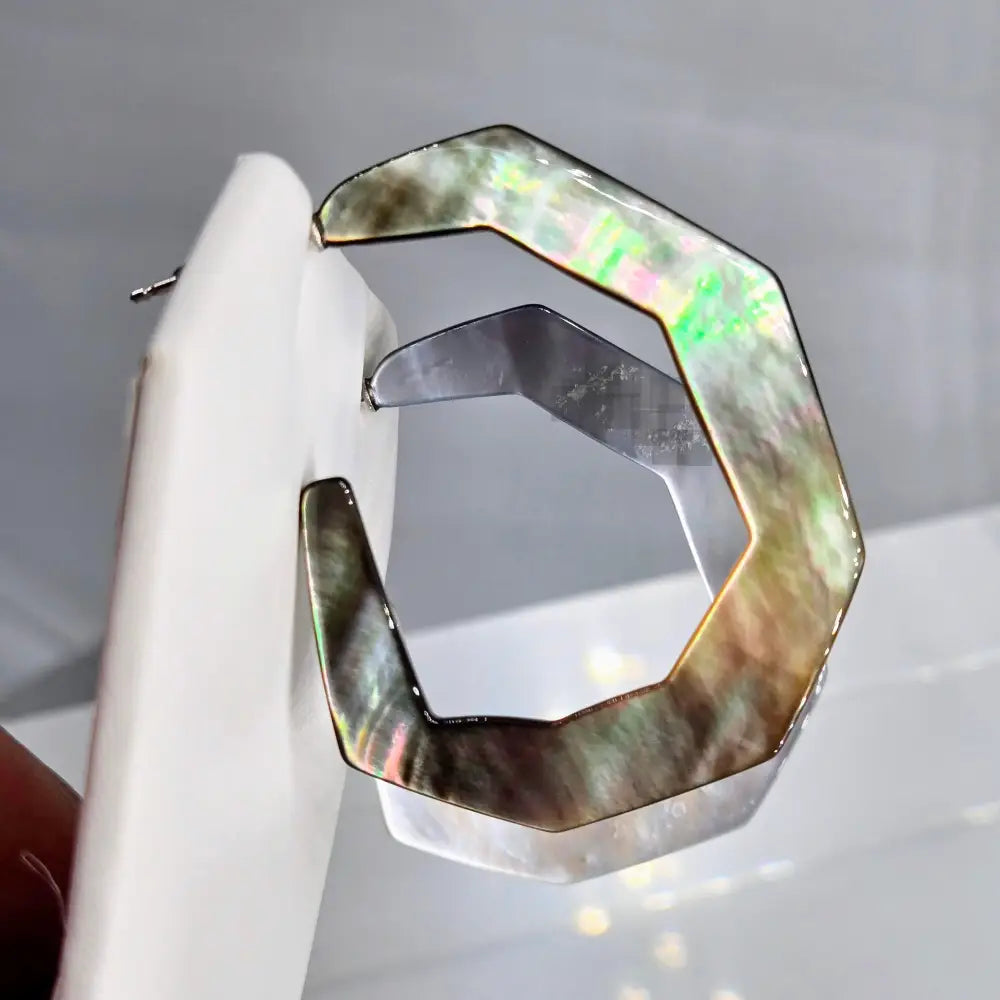 ?TAhitian Geo Hoops’ 1.75’’ Earrings - Tahitian Mother of Pearl Sterling