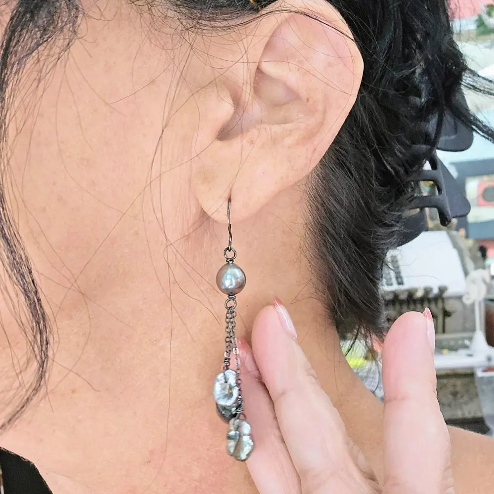 ?TAhitian Keshi Drops’ 3’’ Earrings - Tahitian Pearls Black Sterling - Key West Local Luxe