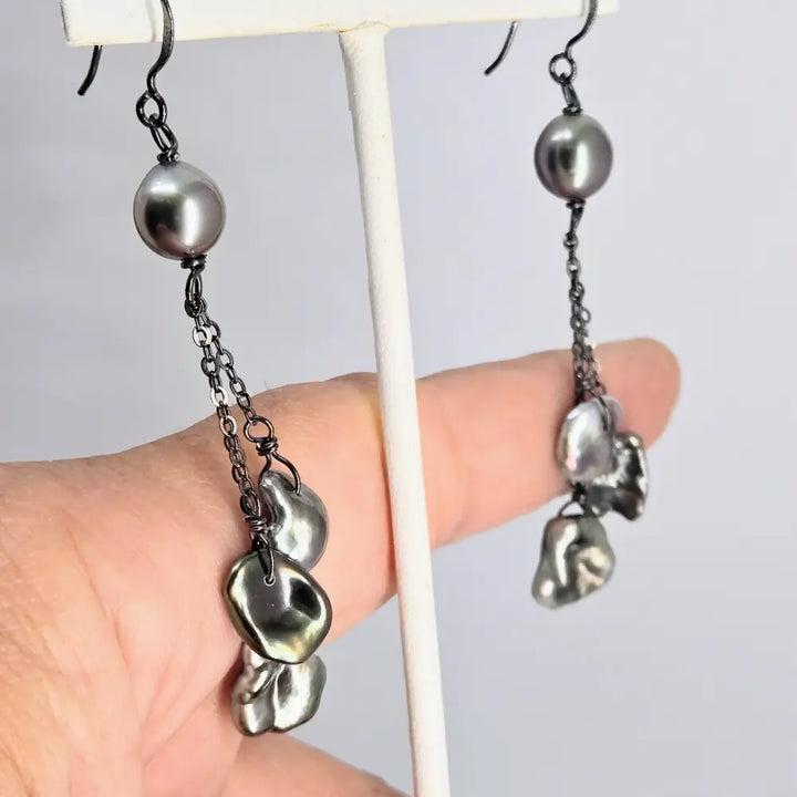 ?TAhitian Keshi Drops’ 3’’ Earrings - Tahitian Pearls Black Sterling - Key West Local Luxe