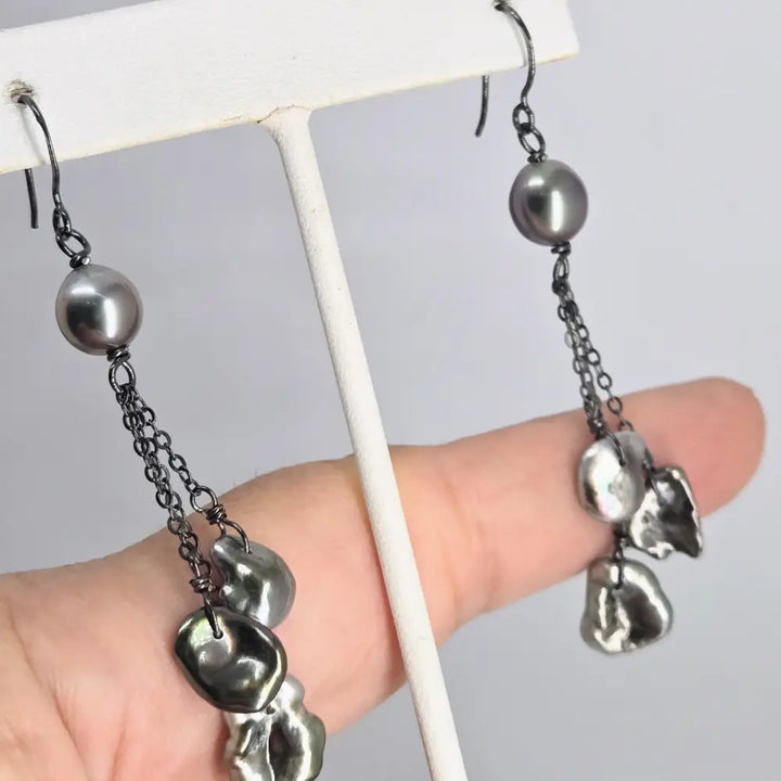 ?TAhitian Keshi Drops’ 3’’ Earrings - Tahitian Pearls Black Sterling - Key West Local Luxe