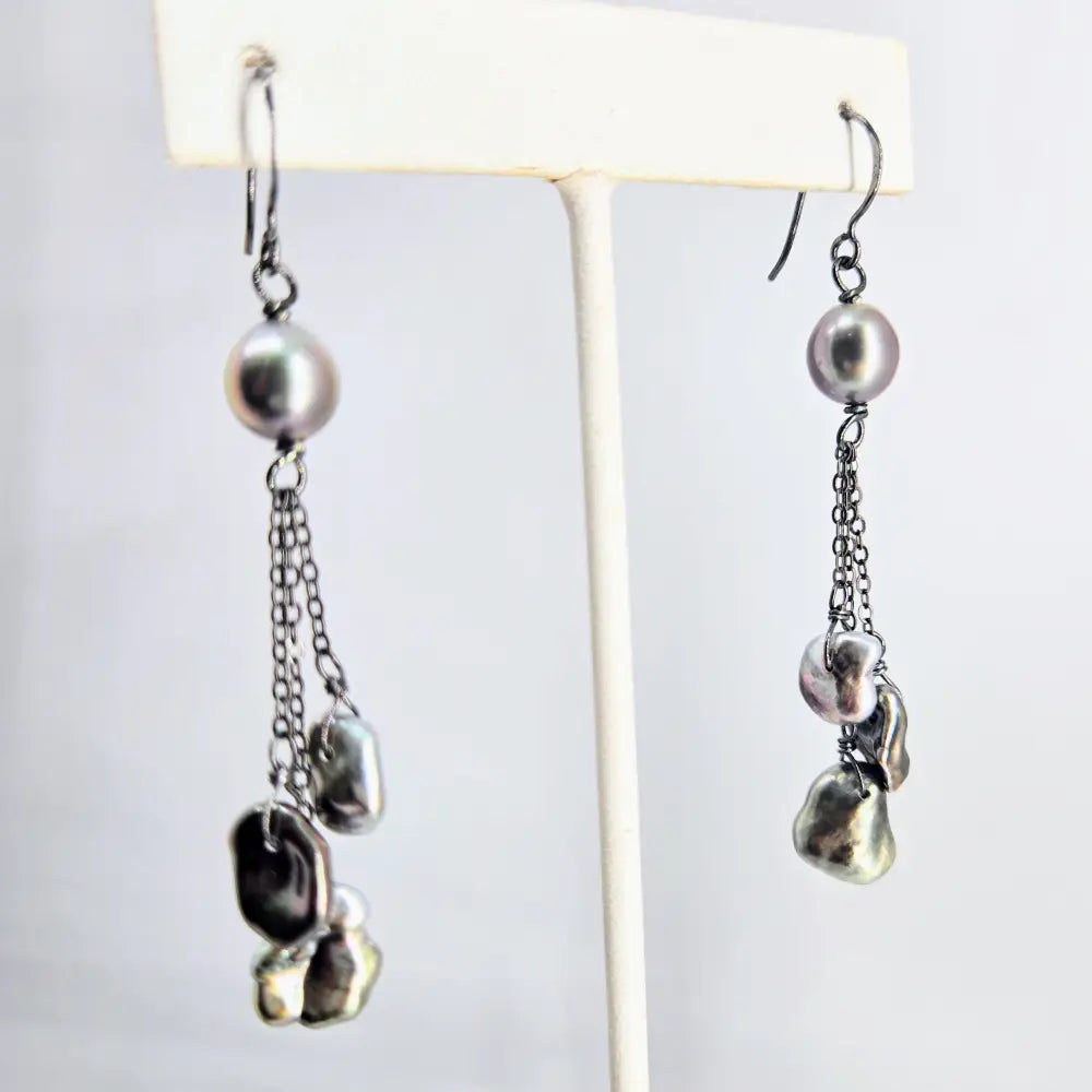 ?TAhitian Keshi Drops’ 3’’ Earrings - Tahitian Pearls Black Sterling - Key West Local Luxe