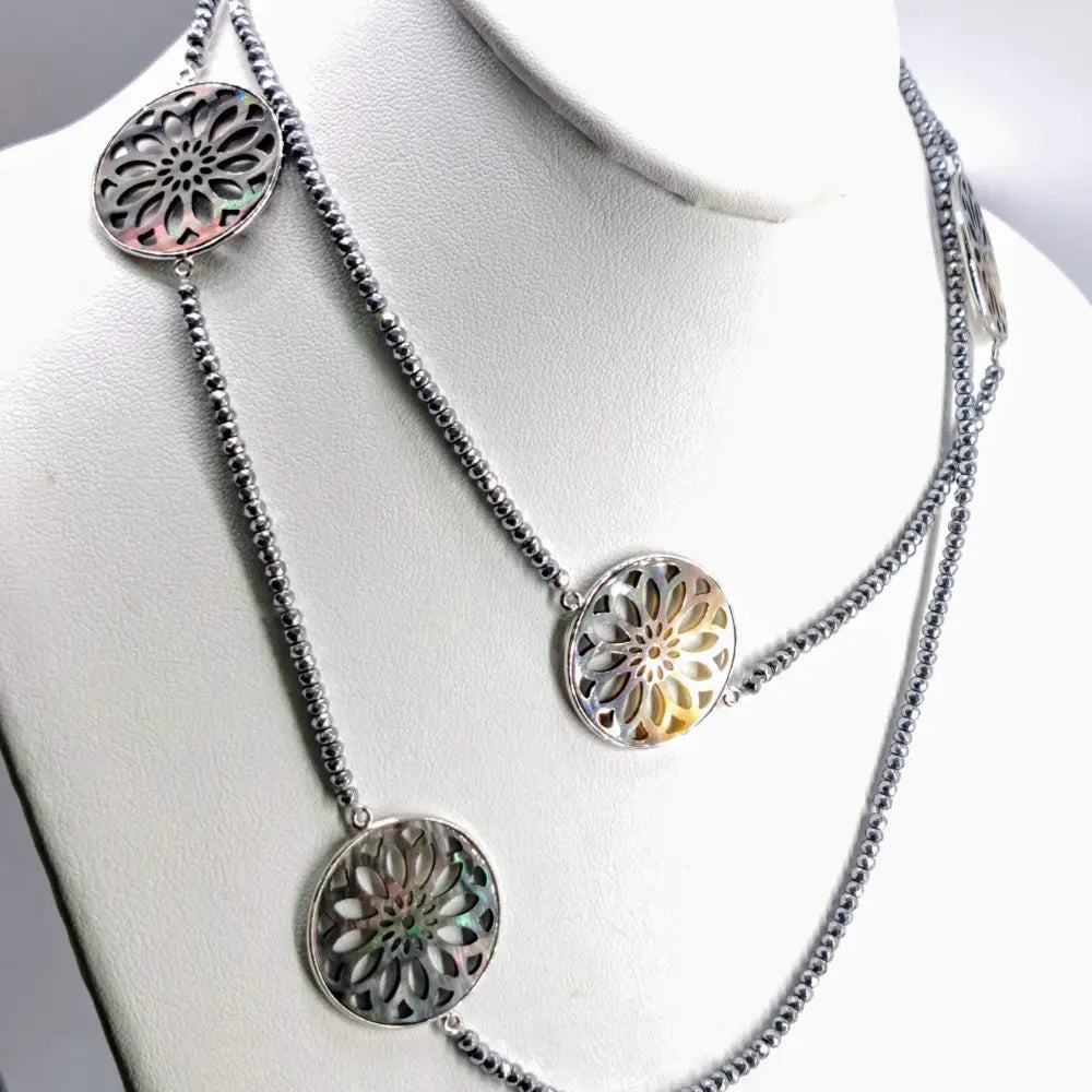 ?TAhitian Sun’ 36’’ Necklace - Tahitian Mother of Pearl Hematite Anti-tarnish Sterling
