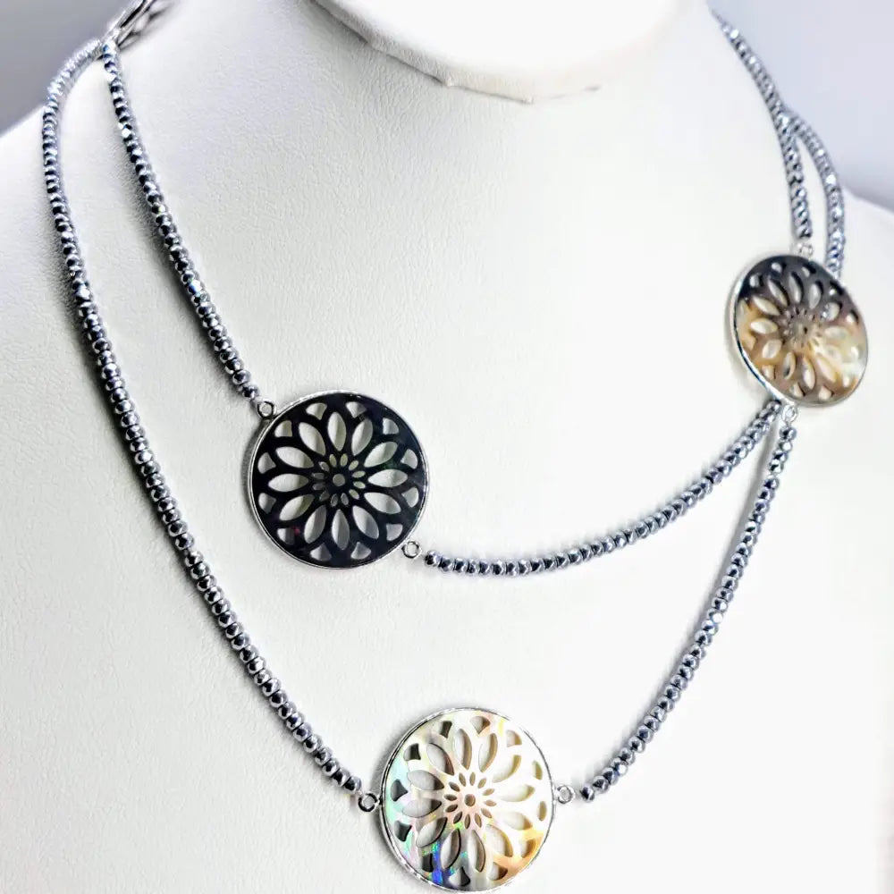 ?TAhitian Sun’ 36’’ Necklace - Tahitian Mother of Pearl Hematite Anti-tarnish Sterling