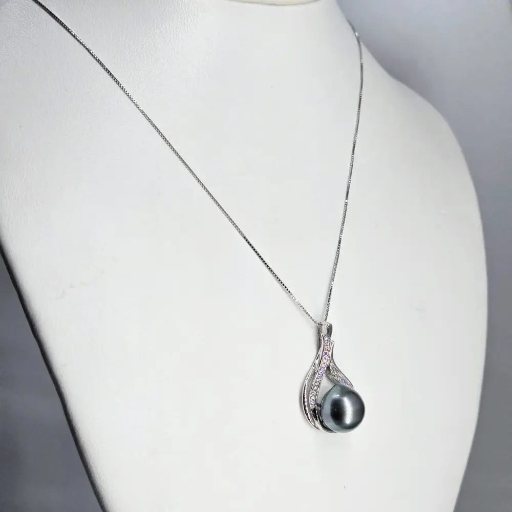 ?TAhitian Treat #19’’ Pendant Necklace - Tahitian Pearl Zircon Crystals Anti-tarnish Sterling