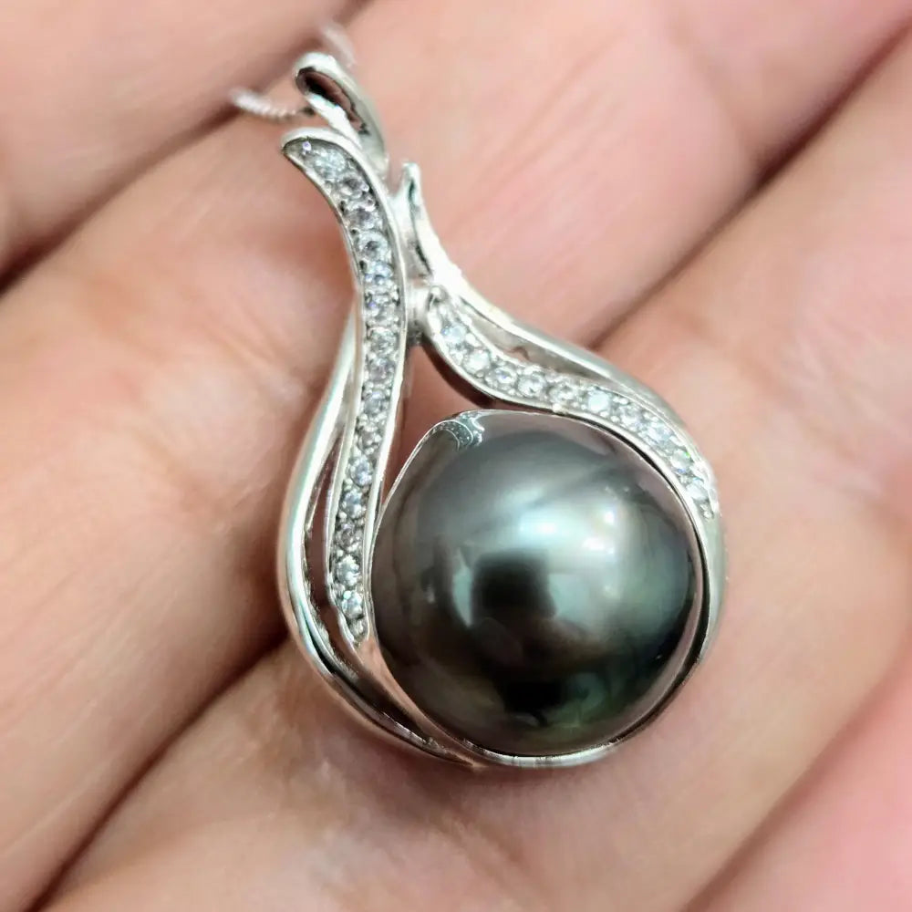 ?TAhitian Treat #19’’ Pendant Necklace - Tahitian Pearl Zircon Crystals Anti-tarnish Sterling