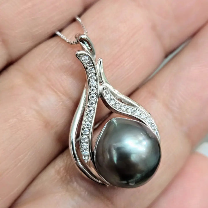 ?TAhitian Treat #19’’ Pendant Necklace - Tahitian Pearl Zircon Crystals Anti-tarnish Sterling