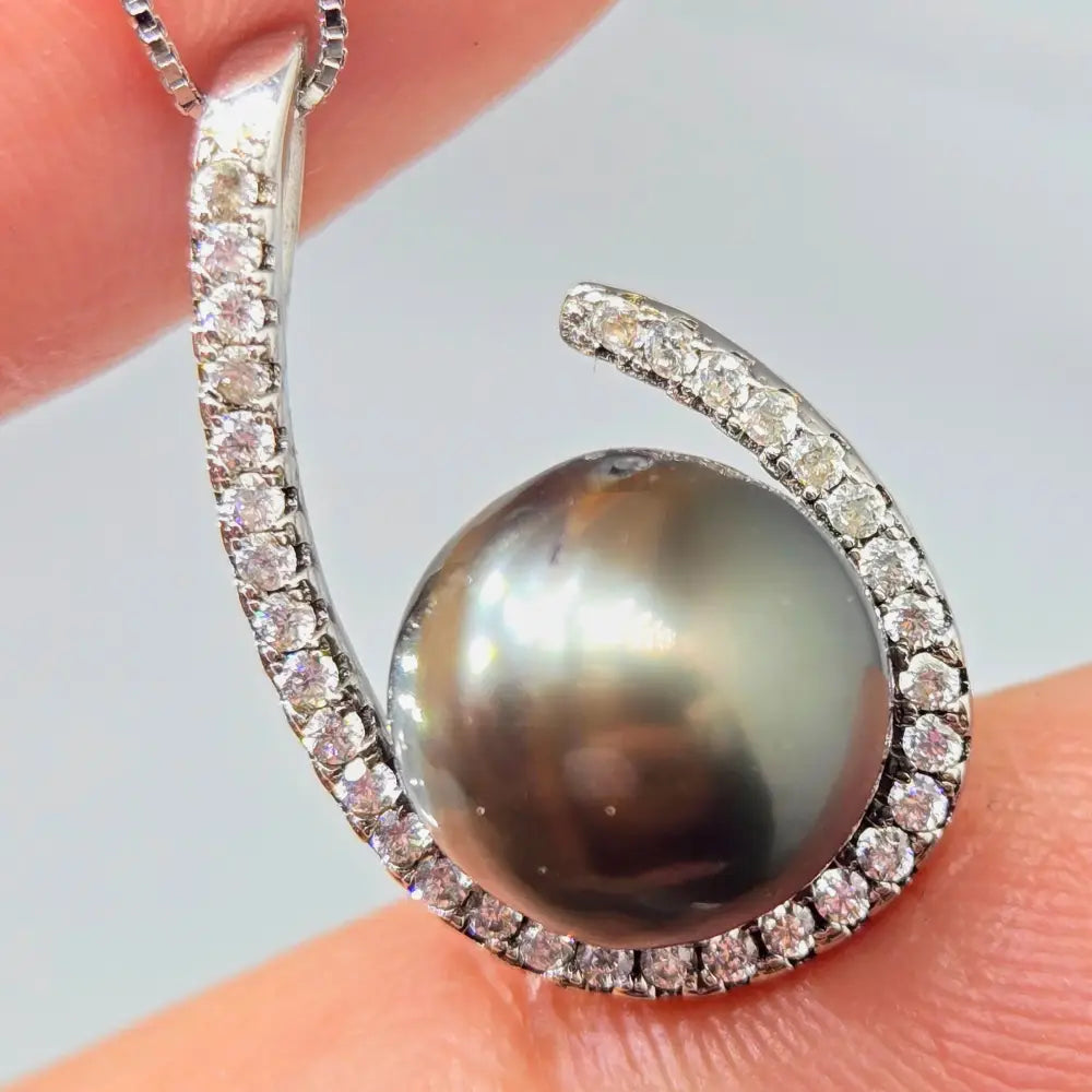 ?TAhitian Treat #20’’ Pendant Necklace - Tahitian Pearl Zircon Crystals Anti-tarnish Sterling