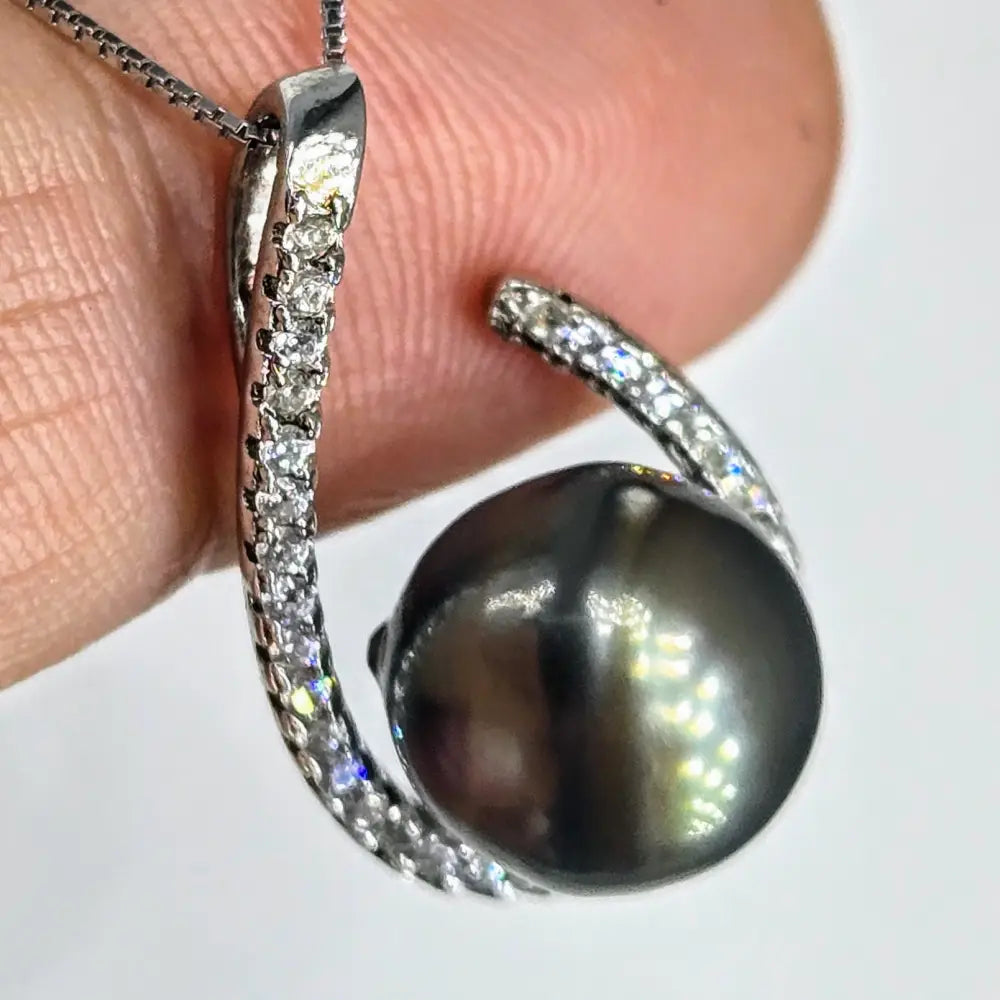 ?TAhitian Treat #20’’ Pendant Necklace - Tahitian Pearl Zircon Crystals Anti-tarnish Sterling