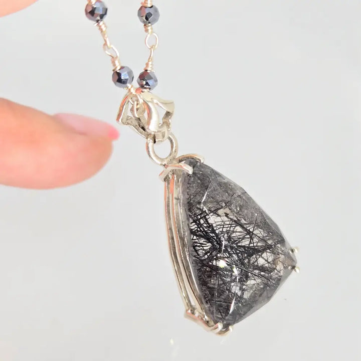 ?TAngled Web’ 16-18’’ Pendant Necklace - Tourmalinated Quartz Hematite Silver Filled