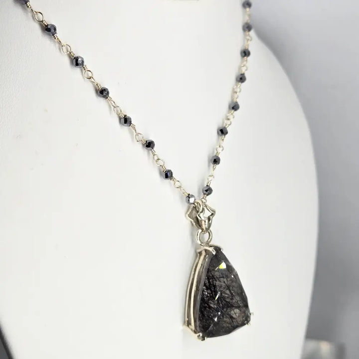 ?TAngled Web’ 16-18’’ Pendant Necklace - Tourmalinated Quartz Hematite Silver Filled