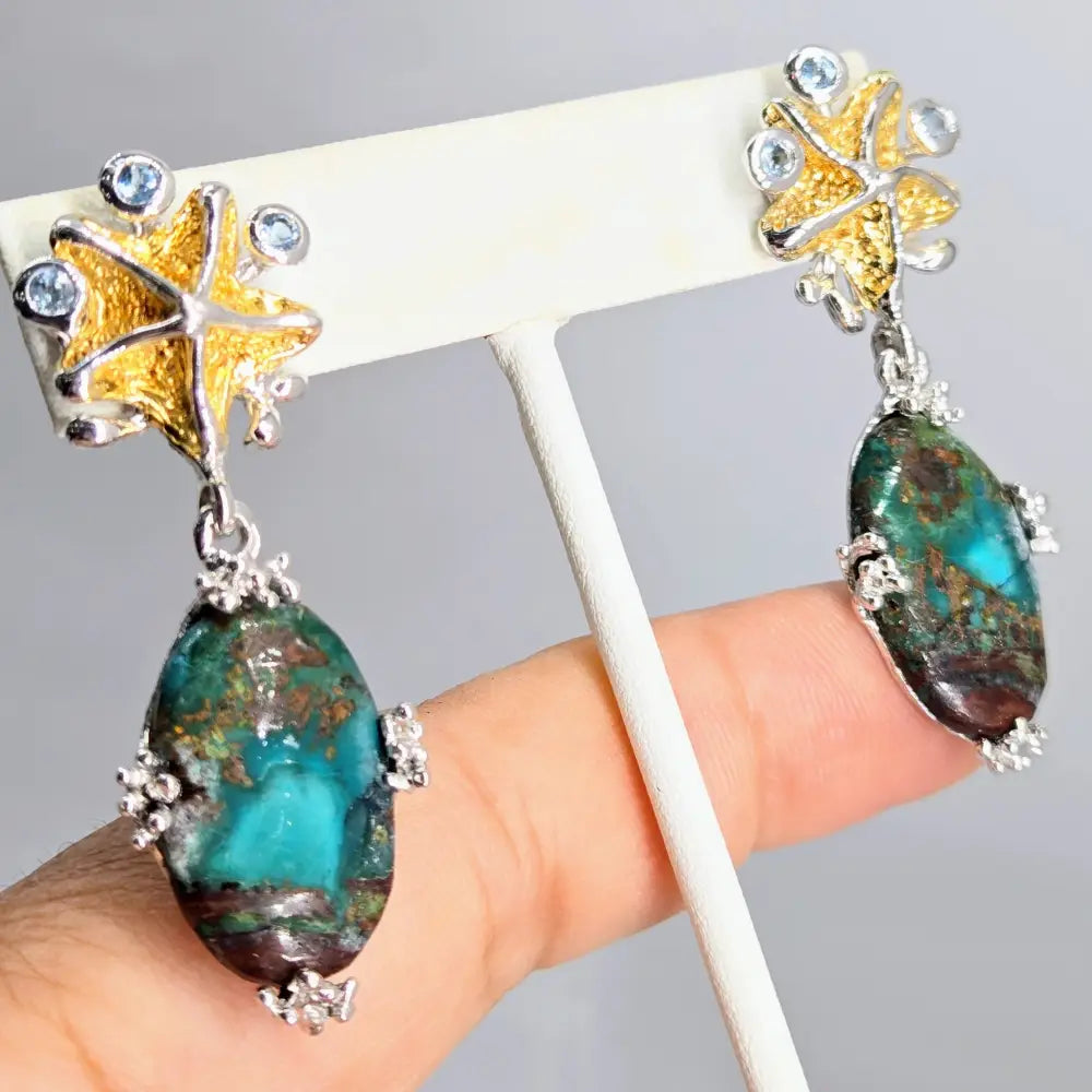 ?TEaling Beautiful!’ 2’’ Earrings - Chrysocolla Topaz Sterling 18k Gold