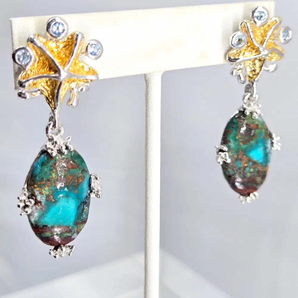 ?TEaling Beautiful!’ 2’’ Earrings - Chrysocolla Topaz Sterling 18k Gold