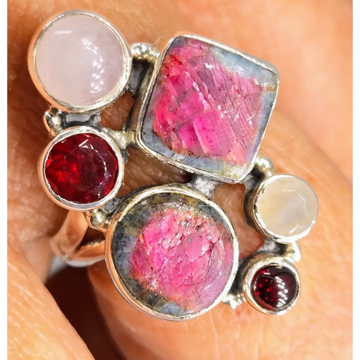 ?THe Berries!’ Sz 7.5 Ring - Ruby Fuchsite Garnet Rose Quartz Moonstone Sterling