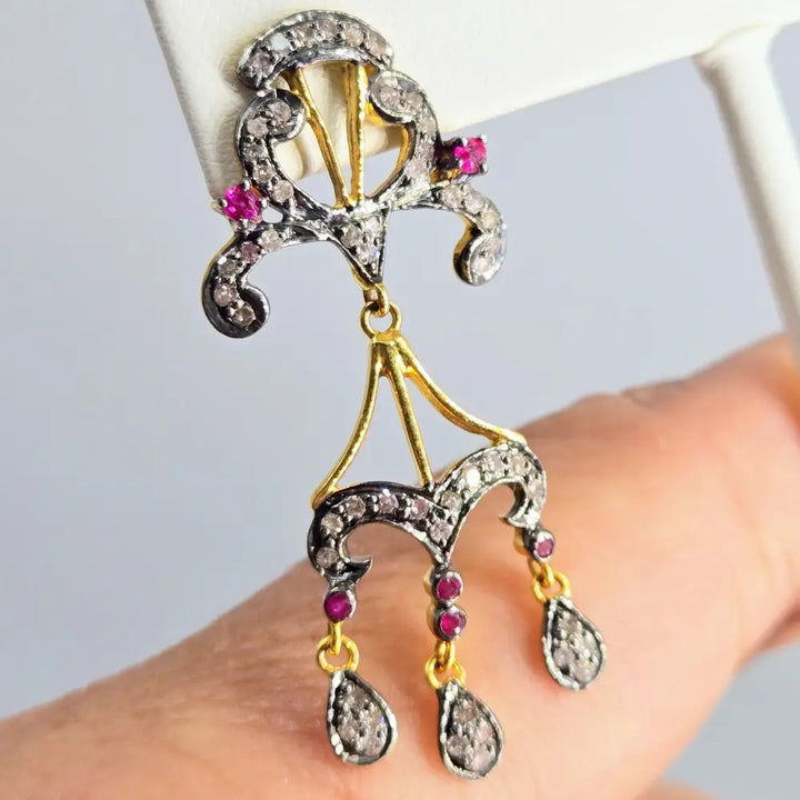 ?THe Clementines’ 1.75’’ Earrings - Diamonds Rubies Sterling 18k Gold Accents