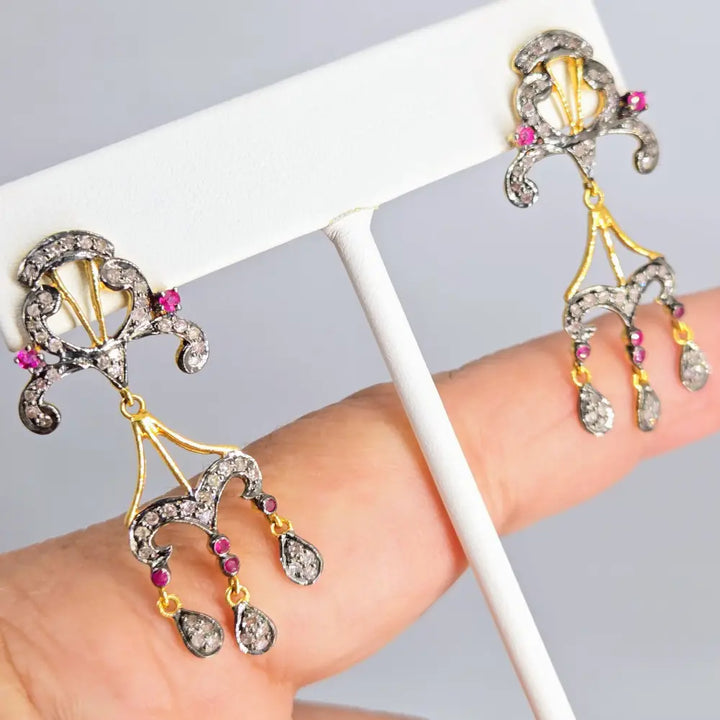 ?THe Clementines’ 1.75’’ Earrings - Diamonds Rubies Sterling 18k Gold Accents
