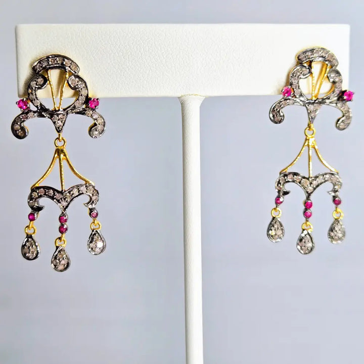 ?THe Clementines’ 1.75’’ Earrings - Diamonds Rubies Sterling 18k Gold Accents