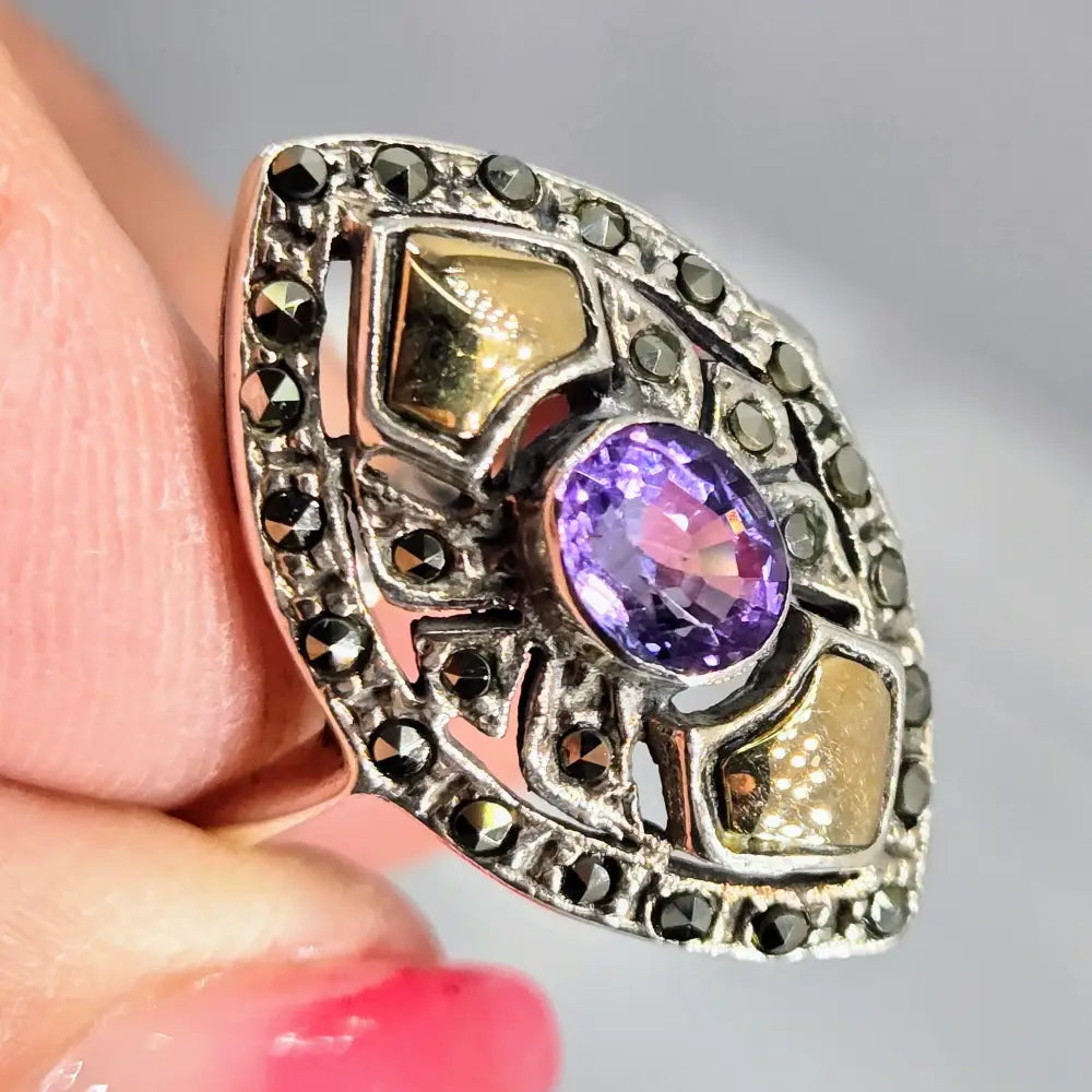 ?THe Dish-marquis’ Sz 7.5 Ring - Amethyst Marcasite Sterling