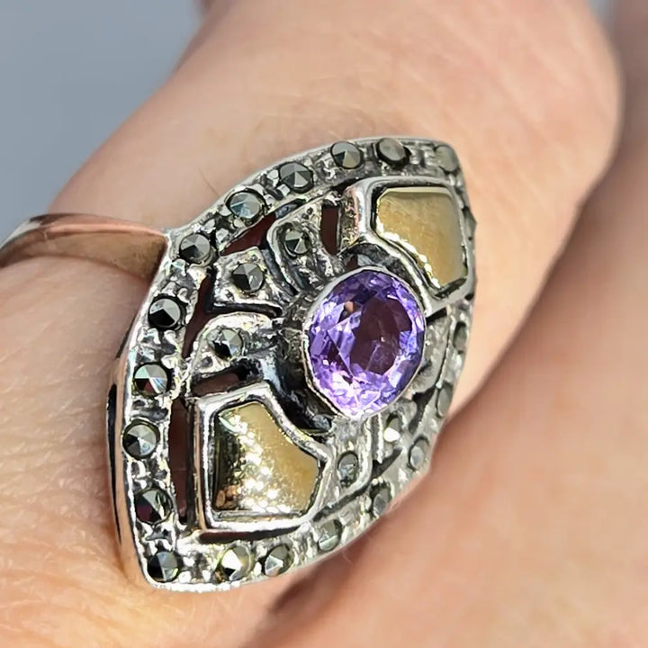 ?THe Dish-marquis’ Sz 7.5 Ring - Amethyst Marcasite Sterling