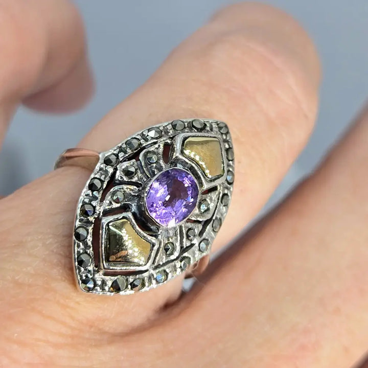 ?THe Dish-marquis’ Sz 7.5 Ring - Amethyst Marcasite Sterling