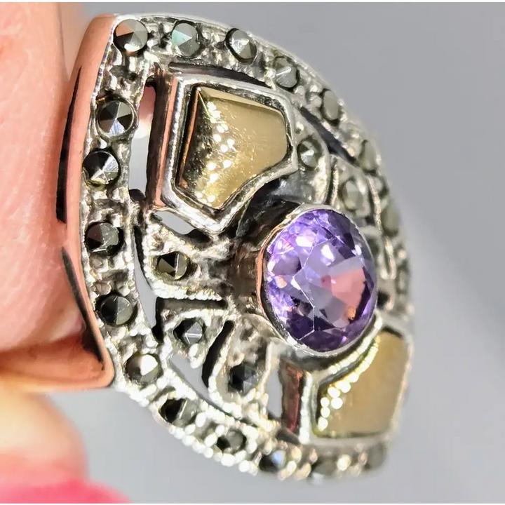 ?THe Dish-marquis’ Sz 7.5 Ring - Amethyst Marcasite Sterling