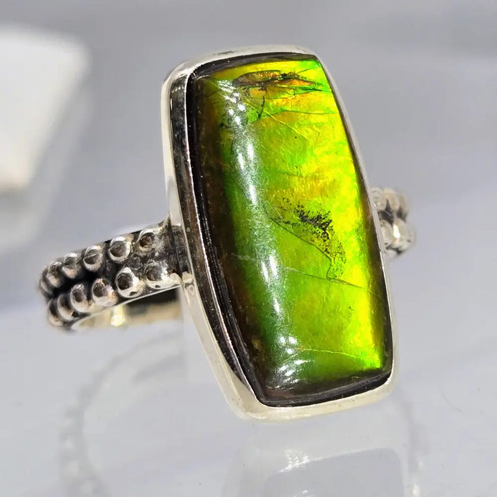 ?THe Green Flash!’ Sz 8 Ring - Ammolite Sterling