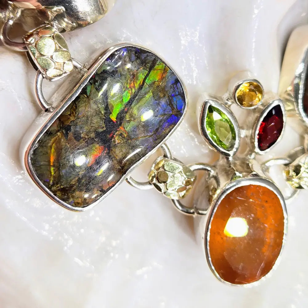 ?THe Mystic’ 7’’ - 8’’ Bracelet - Ammolite Citrine Peridot Quartz Garnets Sterling 18k Gold Accents